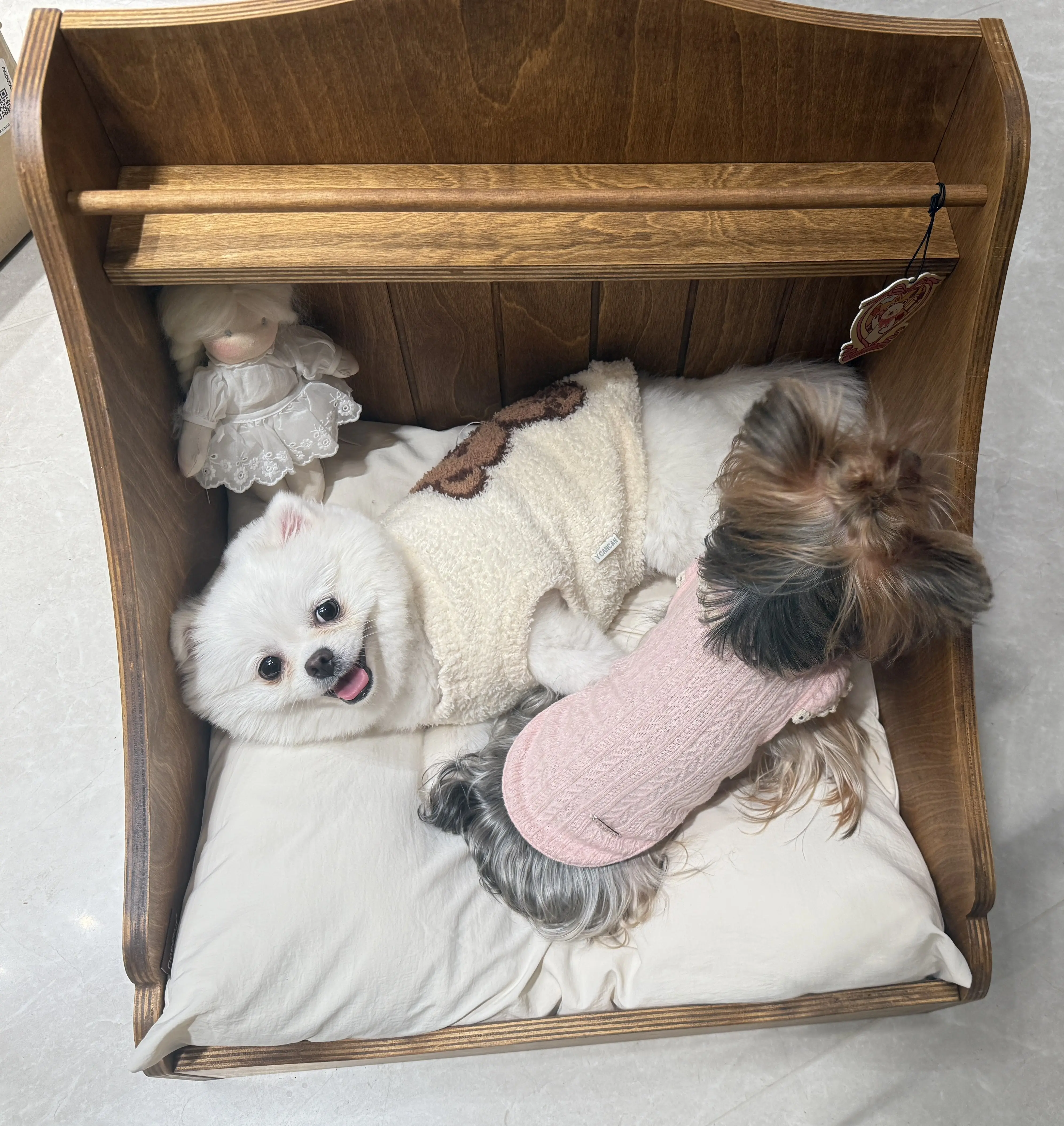 small wooden cat bed with mattress in a customer's home - Nordic Vintage Solid Wood Pet Bed